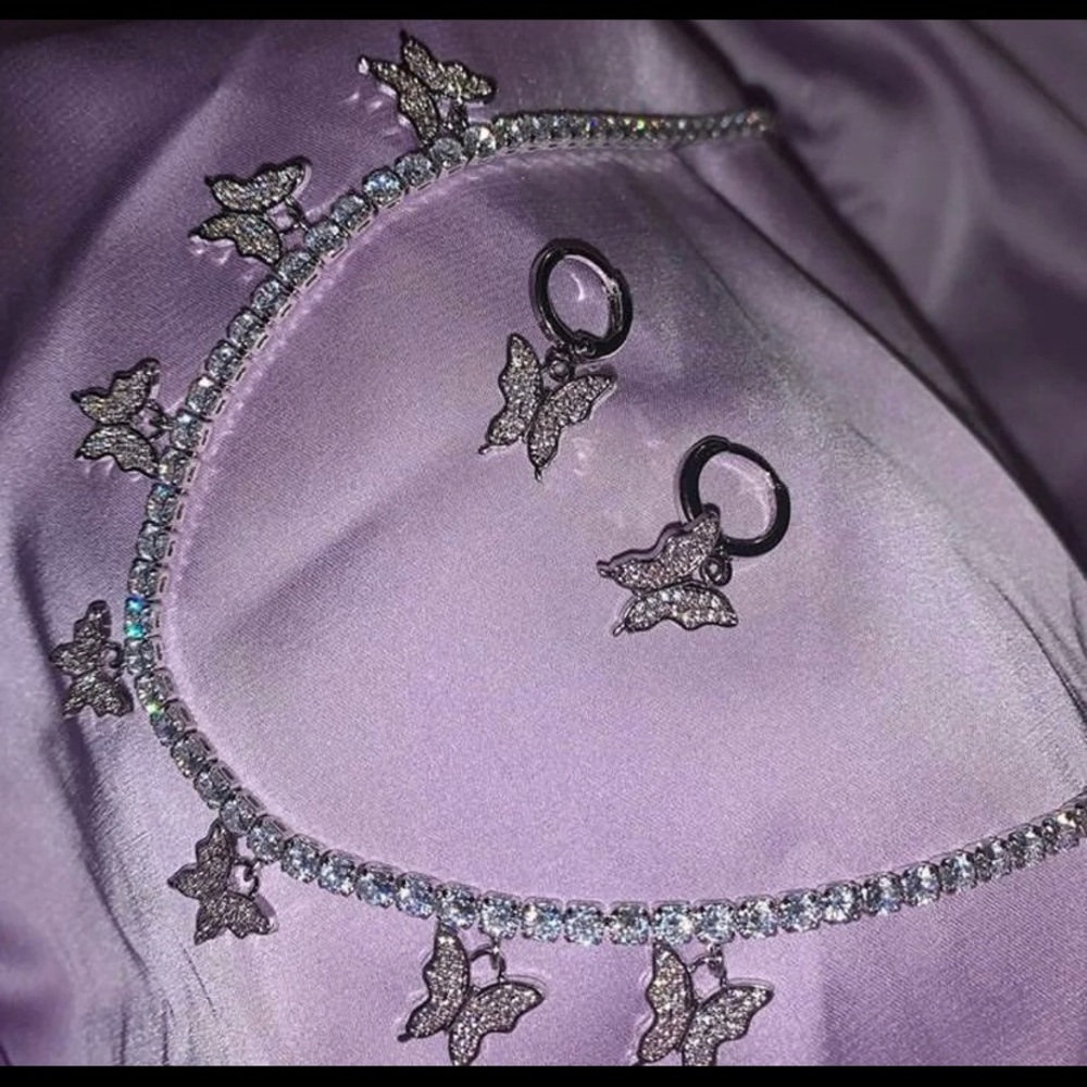Silver tennis chain diamond butterfly choker chain